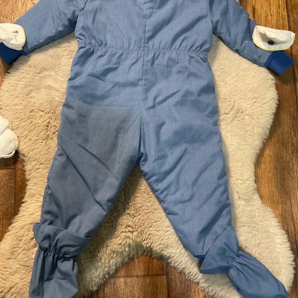 Vintage Snowsuit Baby Bunting Blue Embroidered Hand Foot Covers Removable Hooded